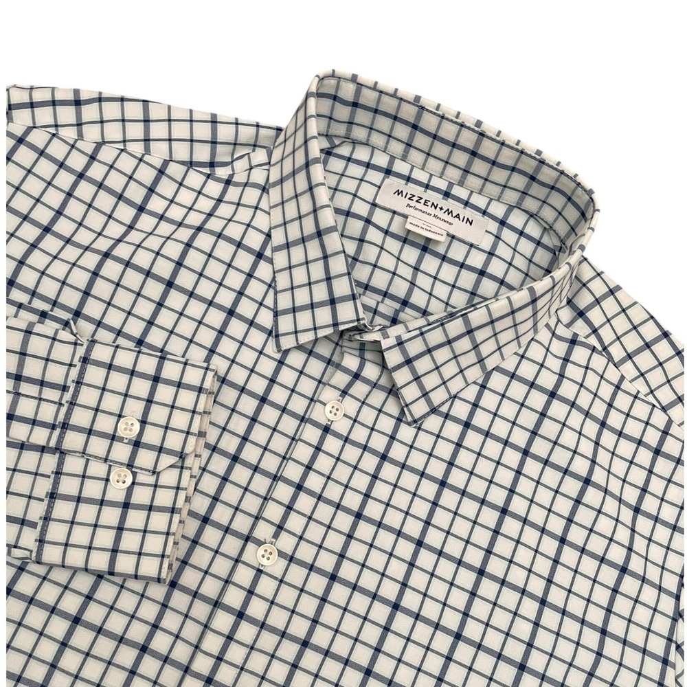 Mizzen+Main Dress Shirt XXL White Blue Trim Fit Performance Windowpane Check